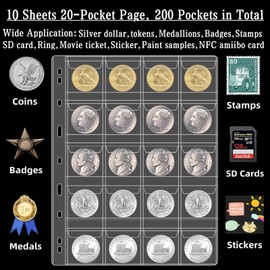 Ettonsun 200 Pockets Coin Binder Pages 10 Sheets Loose-Leaf Acid-Free Collection Holders for Medallion Coin Stamp Collecting Supplies (20-Pocket, 1.73x1.93 in)