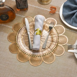 Hosoncovy 4 Pack Flower Decorative Placemats PVC Placemats Hollow Dining Table Place Mats Heat Resistant Non-slip Dining Placemats Table Mats for Home Kitchen (Gold)