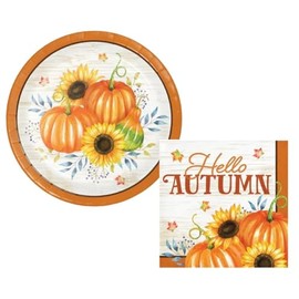 MT Nest Fall Thanksgiving dessert paper plates and beverage napkins for 16 guests - Small Pumpkins and Sunflowers Plates and Hello Autumn Napkins,