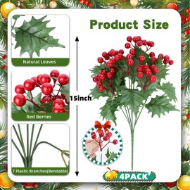 ICEROYCE 4 Bundles Fake Christmas Holly Berry Stems with Leaves, Faux Berry Picks for Pine Garland and Holiday Home Decor, Christmas Flowers Artificial for Decorations