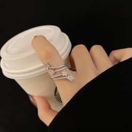 CZ Stars Rings Cute Dainty Statement for Women Girls Sterling Silver Plated Layered Cubic Zirconia Adjustable Open Stacking Extendable Knuckle Middle Finger Ring Fashion Gifts for BFF (Silvery)