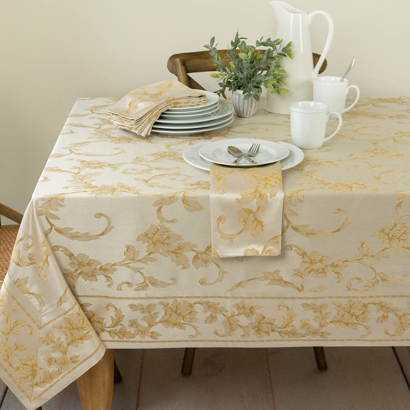 Benson Mills Harmony Scroll Woven Damask Fabric Tablecloth, Everyday, Parties,