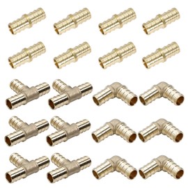 1/2 Inch Brass PEX Fittings 20-Pack, 8pcs Straight Coupler, 6pcs Elbow and 6pcs TEE Crimp, PEX Brass Crimp Fitting Combo, No-Lead Brass for PEX Pipe Plumbing Projects by MISPIRE