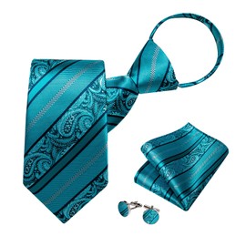 DiBanGu Mens Adjustable Zipper Ties, Woven Paisley Striped Plaid Necktie and Pocket Square Cufflinks Set Pre-tied Wedding Tie, Turquoise