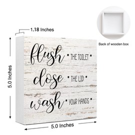 WUZYOU Bathroom Rules Sign, Flush Toilet Close Lid Wash Hands Wooden Box Sign 5x5x1 INCH, Vintage Toilet Decor, Family Restroom Wall Art, Kids Hygiene Reminder, Rustic Shelf Display