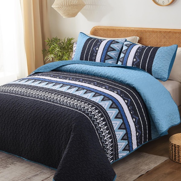 Menghomeus Boho Quilt Set Queen Blue Chevron Striped Bedding Bedspread Set 3 Pieces Bohemian Quilt Coverlet with 2 Pillowcases for All Season