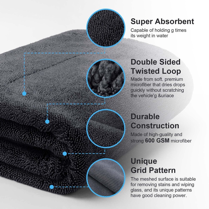 BREENHILL Microfiber Car Drying Towel,600 GSM Double Twisted Loop Detailing