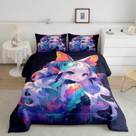 Erosebridal Anime Comforter Set Japanese Girl Bedding Comforter Sets 3D Cartoon Printed Bedding Queen for Kids Girls Anime Gifts Quilt with 2 Pillow Cases