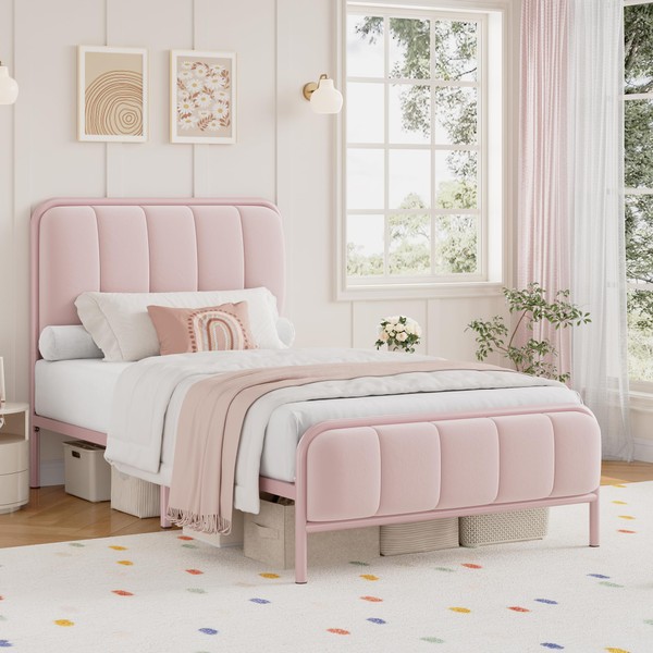 HITHOS Twin Size Bed Frame, Upholstered Pink Bed Frame with