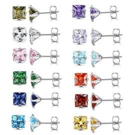 OIDEA Women's Stud Earrings with Cubic Zirconia: 12 Pairs of Earrings Set Stainless Steel Rectangle CZ Cubic Zirconia Ear Piercing Birthstone Stud Earrings for Teenagers Girls 3 mm Wide, Stainless