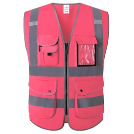 XIAKE 9 Pockets Class 2 High Visibility Reflective Safety Vest Men Women Work Construction Vest Zipper Front Meets ANSI Standards(Pink,Large)