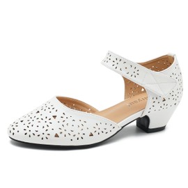 Nmiyaul Women's Ankle Strap Cut Out Closed Toe Low Block Heels Pumps Retro Shoes Hook and Loop Comfortable Vintage Dressy Church Shoes White Matte 39-7.5US