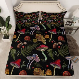 Castle Fairy Wild Mushroom Bed Sheet Set for Kids,Burgundy Plant Fallen Leaves Sheets Set,Rustic Snail Print Home Decor Sheet Sets with Deep Pocket,Top Flat Sheet,Twin Size