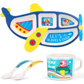 PHEENOWL Toddler Dinnerware Set, 4-Pieces Includes Divided Plate Bowl Cup Fork Spoon Utensils, BPA Free Bamboo Fiber Material Perfect for Boys - Airplane