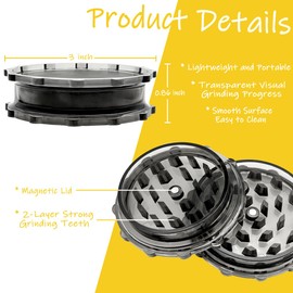 OWLSTEM 3 inch-Grinder, Black-Translucent, 2-Layer Grinder, with Magnetic Lid, Compact & Portable, Suitable for Kitchen Use