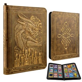TIANREN Card Binder 9 Pocket, 3D PU Leather Album with Zipper, 360 Side Loading Pockets for TCG, MTG, Lorcana, Other Collectible Cards, Trading Card Game Protective Folder Album (Golden Brown)