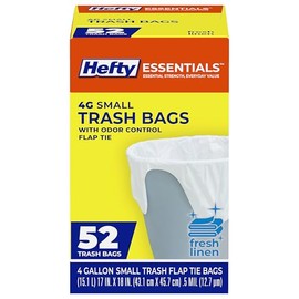 Hefty Essentials Flap Tie 4 Gallon Trash Bags, 52 Count, Small Scented Trash Bags for Bathrooms, Bedrooms, Dorm Rooms, Home Offices, and More, Fresh Linen Scent, White