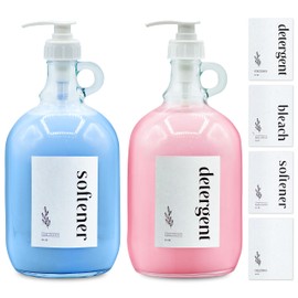 Glass Dispenser Bottle with Labels (2-Pack) - Half Gallon 64 oz. Jars with Leakproof Pump Perfect for Laundry, Fabric Softener, Kitchen Soap, Bleach, Shampoo, Syrup
