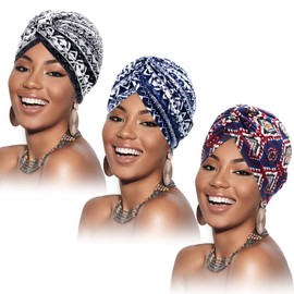 3 Pieces Turban for Women Cotton Soft Turban Patterned Hat Pleated Head Wrap Cap Hair Loss Hat (Black, Navy, Dark Blue)