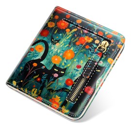 TMOODEL Womens Rfid Blocking Small Compact Bifold Luxury Genuine Leather Pocket Wallet Ladies Mini Purse with ID Window, Black Cat, Small（4.33" x 0.51" x 3.50" ）, Minimalist