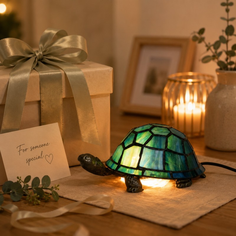 Stained Glass Turtle Table Lamp for Bedside Décor – Blue
