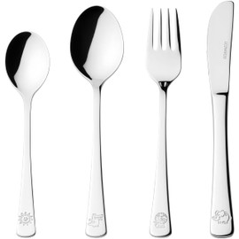 LEONARDO Bambini Avventura 070798 Children's Cutlery Set 4 Pieces - Cutlery with Motifs Made of High-Quality Stainless Steel - Dishwasher Safe - With Animal Motifs Lion, Elephant, Crocodile, Sun -
