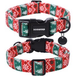 DOGWONG Christmas Cotton Dog Collar, Red Green Stripe Christmas Dog Collar Durable Soft Fabric Pet Dog Collar Cute Red Puppy Necklace for Small Medium Large Dog