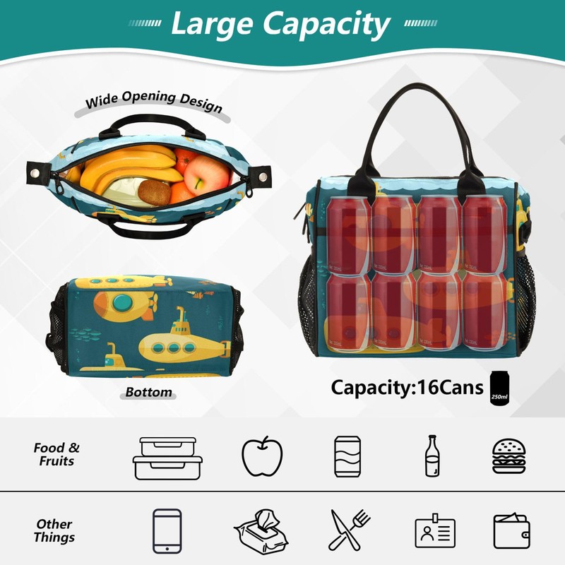 Glaphy Yellow Pattern Submarine Cute Lunch Bag Insulated Lunch Tote