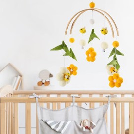 Herfair Mobile Baby Wind Chimes with Felt Balls - Fresh Flowers and Bees, Nursery Hanging Bed Bell, for Baby Cot, Changing Table Decoration (Yellow)
