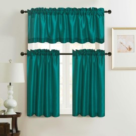 Faux Silk Kitchen Valance Set - 36 Inch Tier Curtains with Rod Pocket for Living Room, Bedroom, Bathroom - Farmhouse Rustic Country Style - 3 Piece Set (Teal)