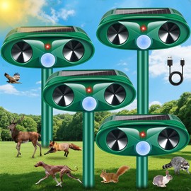 2025 Upgraded Solar Animal Repellent, 4 Pack Ultrasonic Animal Repeller Outdoor USB Charge with Motion Sensor Cat, Deer, Squirrel, Dog, Raccoon, Skunk, Rodent, Rabbit Repellent for Yard, Garden, Lawn