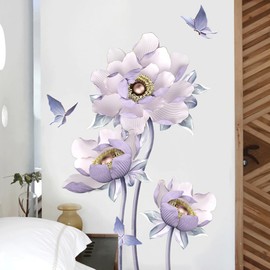 Runtoo 3D Flower Wall Art Stickers Purple Lotus Floral Wall Decals for Living Room Bedroom TV Background Wall Decor