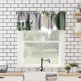 JanJCurt Boho Leaves Window Valance, Mid Century Modern Abstract Golden Tropical Leaves Geometric Arch Sage Green Print Blackout Curtain for Cafe Kitchen Bedroom, 54x18in