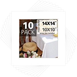 Mat Board Center, Pack of 10, 14x14 for 10x10 White Photo Picture Mats - Acid Free, 4-ply Thickness, White Core - for Pictures, Photos, Framing