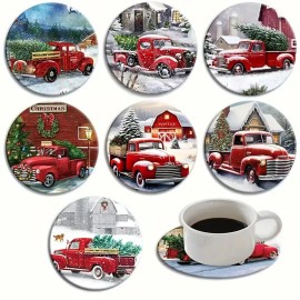 Unbranded Coasters 8pc Christmas Truck Themed Wooden Coasters Vintage Red Truck Design