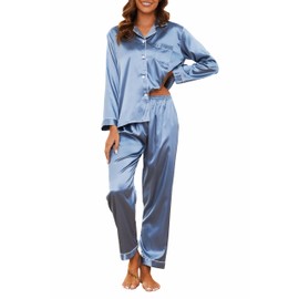 Reliwel Silk Satin Pajamas for Women Long Sleeve Silk Pjs Satin Pajama Set Pants Button Up Pajamas with Pockets Gray Blue