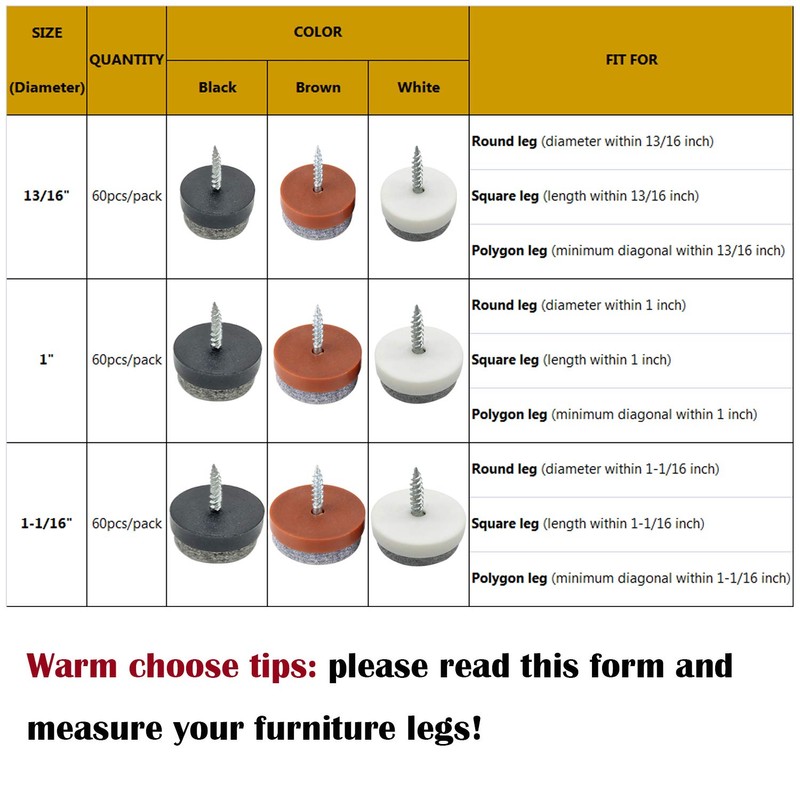 Screw-in Felt Pads - 60pcs 1 Inch White Furniture Chair