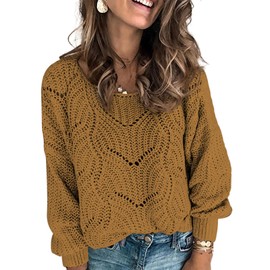 Dokotoo Womans Ladies Soft Warm Crewneck Solid Hollow Out Crochet Chunky Autumn Winter Fall Summer Cozy Long Sleeve Cable Knit Pullovers Sweaters for Women Trendy Clothes Khaki Medium