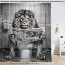 LKFBSC Funny Lion Shower Curtain, Funcy Humor Leo Animal on Toilet Shower Curtains Set, Black and White Shower Curtains, Large Cat Bathroom Curtain with Hooks 72x78 inch