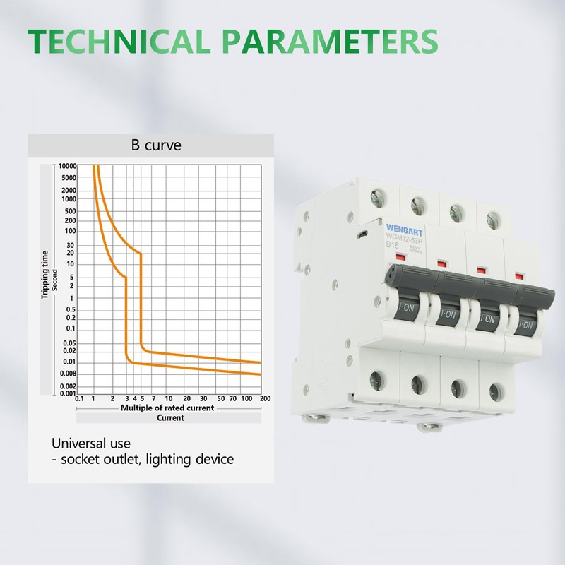 Wengart Three Phase Miniature Circuit Breaker WGM12-63H, AC230V/400V 16A 4P,