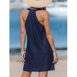 CUPSHE Women's Sleeveless Swimsuit Coverup Eyelet Knit Swimwear Beach Cover Ups Tank Mini Dress Navy, S