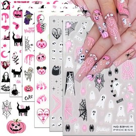 Pegatinas para uñas de Halloween, calcomanías 3D Autoadhesivas con diseño de Calavera Fantasma Rosa, araña y Calabaza, decoración de uñas para Fiestas.