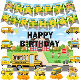 On The Bus Party Decorations School Bus Birthday Party Decor Supplies Includes Happy Birthday Banner Hanging Swirls