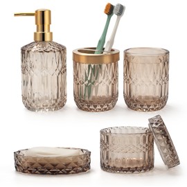 IVAILEX 5PCS Amber Brown Glass Bathroom Accessories Sets of Lotion Dispenser, Soap Dish, Toothbrush Holder, Tumbler, Cotton Swab Jars, Modern Bath Decor, Vintage Gift