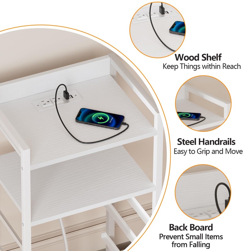 Furnulem White Nightstand with Charging Station, Night Stand Side Table