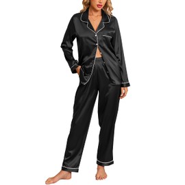 Anjue Women's Silk Satin Pjs Set Silk Pajamas for Women Button Down Sleep Shirt Long Sleepwear Pajama Set(Black,XXL)