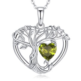 LOCIBLO Tree of Life Necklaces for Women 925 Sterling Silver Heart Pendant White Gold Green Synthetic Peridot Necklace August Birthstone Jewelry for Her, 18"+2"