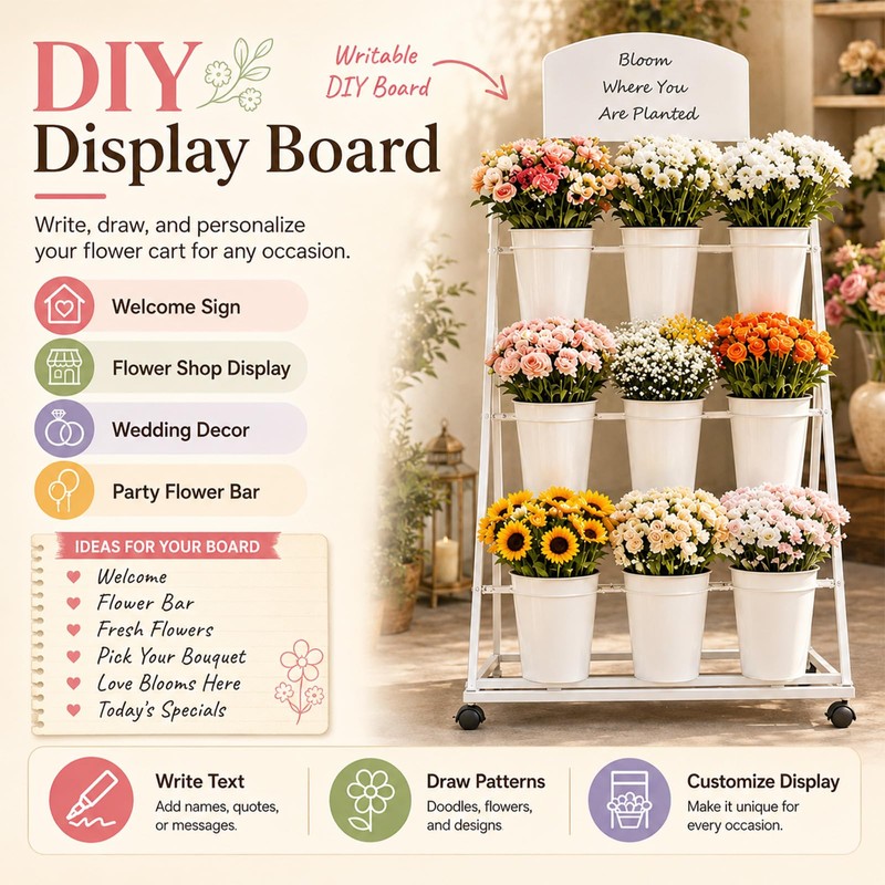 3-Tier Metal Flower Cart Display Stand with 9 Buckets, Flower