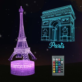 Kenmaca Night Light Eiffel Tower, Arch of Triumph Paris Themed Bedroom Decor 2 Patterns 3D Illusion Lamp, 16 Color Change Dimmable, Touch & Remote Control, Christmas Birthday Gift Dad Mom Kid Boy Girl