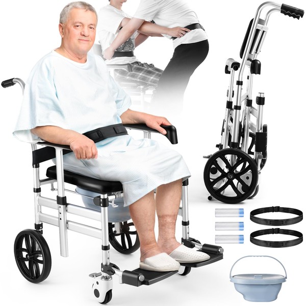 Shower Chair with Wheels, Hybodies Folding Shower Wheel, Transport Chair, Commode, Rolling Bath Chair for Handicap, Elderly & Injured, Waterproof & Soft, Front Locking Wheels, Safety Straps Included